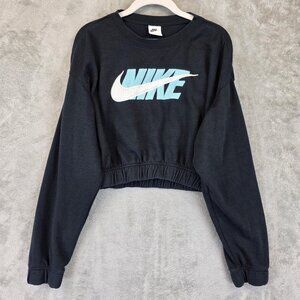 Nike Sweatshirt Womens Small Black Cropped Crew Chenille Swoosh Logo DD5089-010